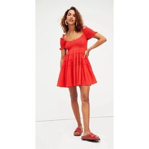 Free People Happy With You Smocked Tiered Mini Dress Red Size Small 100% Cotton